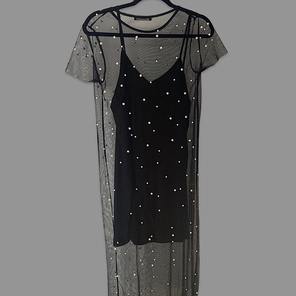 Forever 21 pearl embellished sheer black midi dress size small